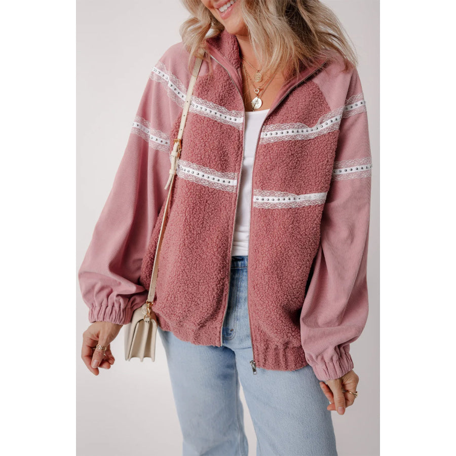 Fuzzy Lace Detail Zip Up Long Sleeve Jacket Apparel and Accessories