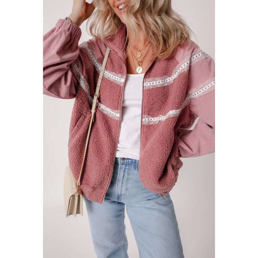 Fuzzy Lace Detail Zip Up Long Sleeve Jacket Dusty Pink / S Apparel and Accessories