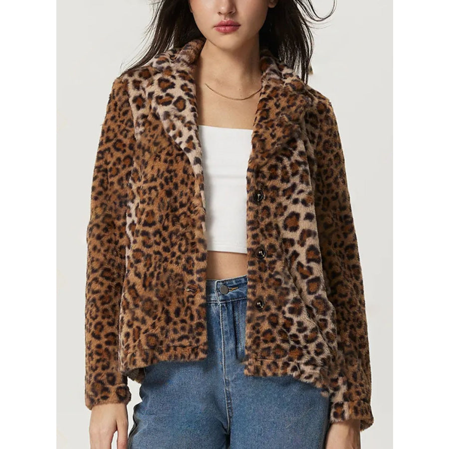 Fuzzy Leopard Collared Neck Jacket Leopard / S Apparel and Accessories