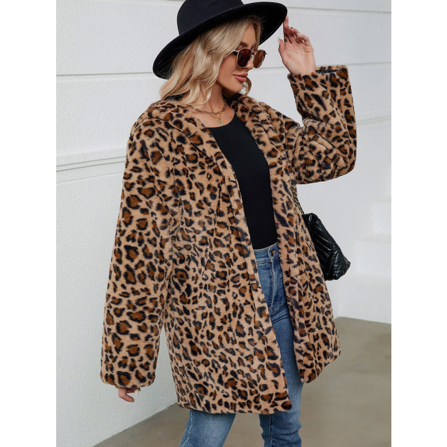 Fuzzy Leopard Hooded Long Sleeve Jacket Apparel and Accessories