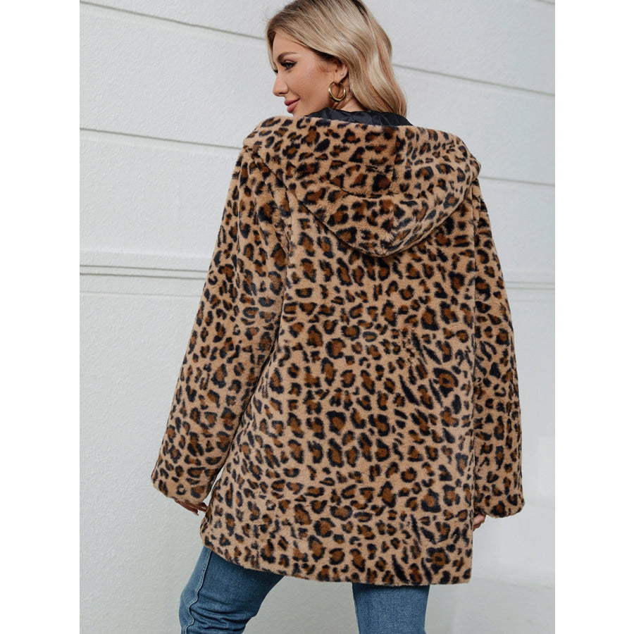 Fuzzy Leopard Hooded Long Sleeve Jacket Apparel and Accessories