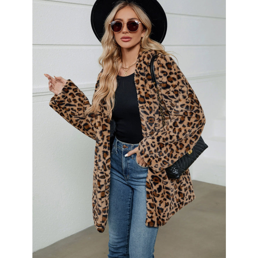 Fuzzy Leopard Hooded Long Sleeve Jacket Apparel and Accessories