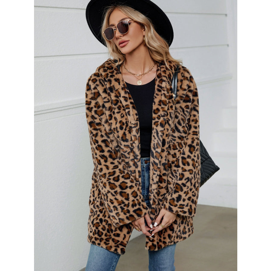 Fuzzy Leopard Hooded Long Sleeve Jacket Apparel and Accessories