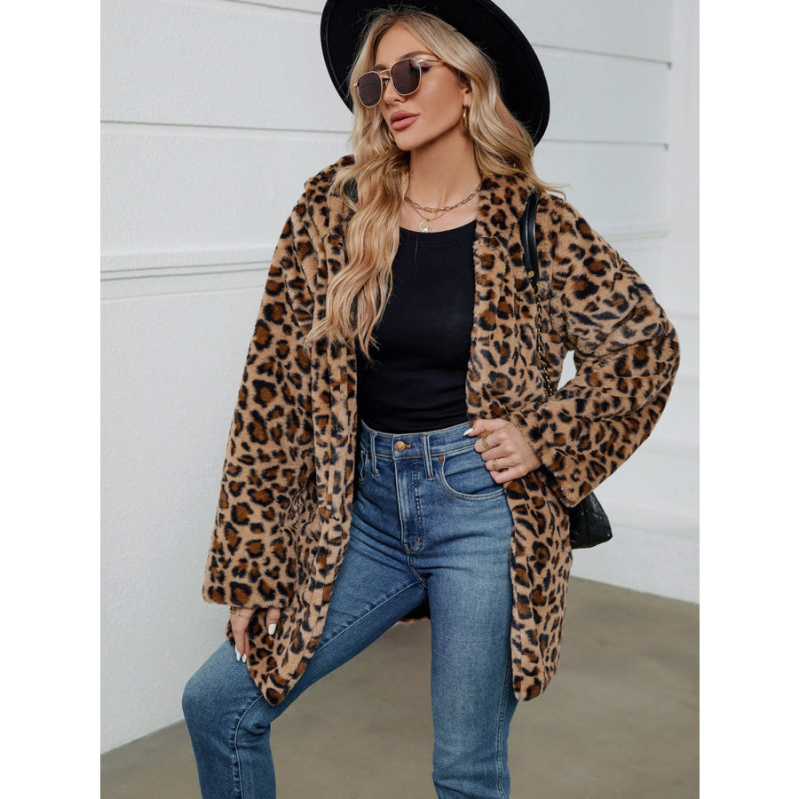 Fuzzy Leopard Hooded Long Sleeve Jacket Leopard / S Apparel and Accessories