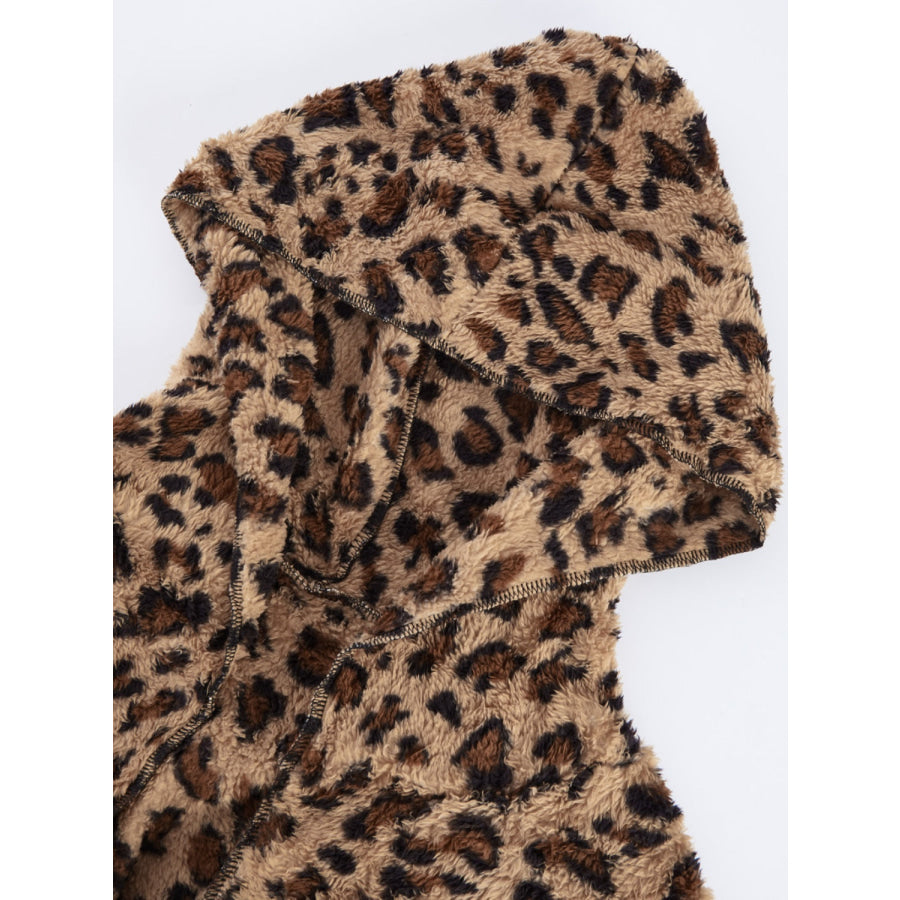 Fuzzy Leopard Long Sleeve Hooded Jacket Apparel and Accessories