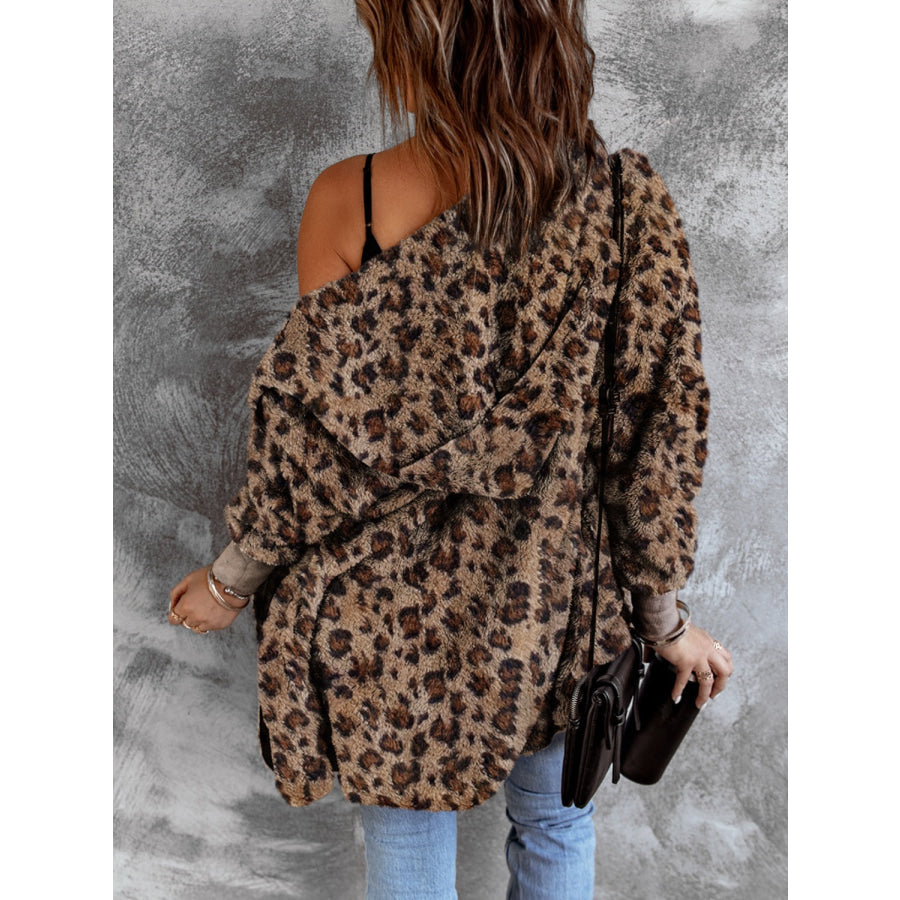 Fuzzy Leopard Long Sleeve Hooded Jacket Apparel and Accessories