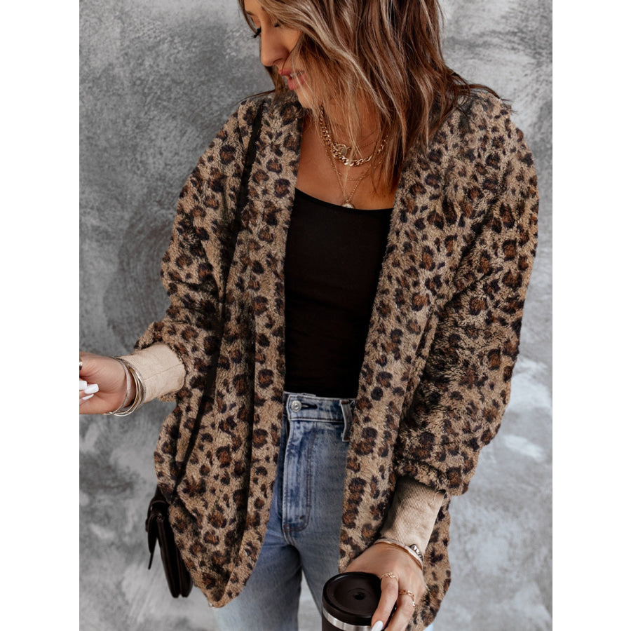 Fuzzy Leopard Long Sleeve Hooded Jacket Leopard / S Apparel and Accessories