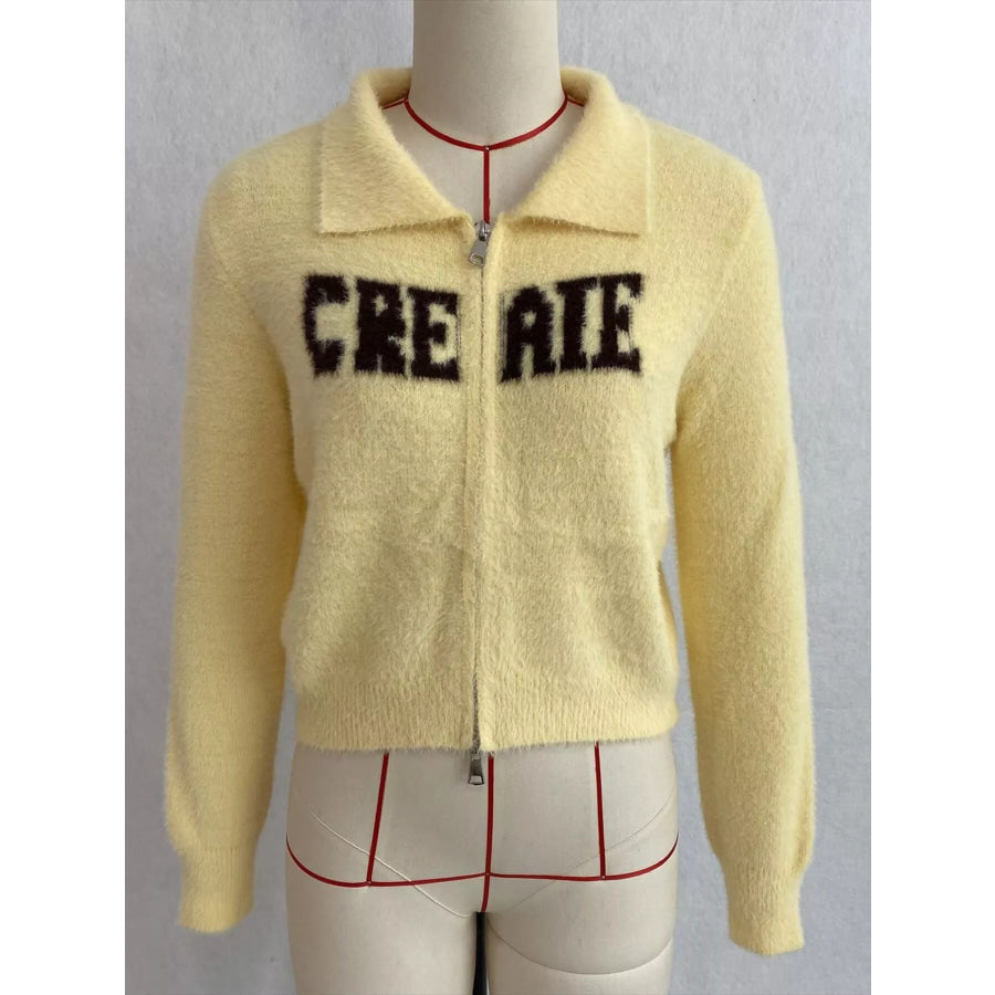 Fuzzy Letter Zip-Up Cardigan Apparel and Accessories