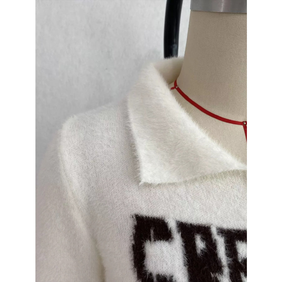 Fuzzy Letter Zip-Up Cardigan Apparel and Accessories