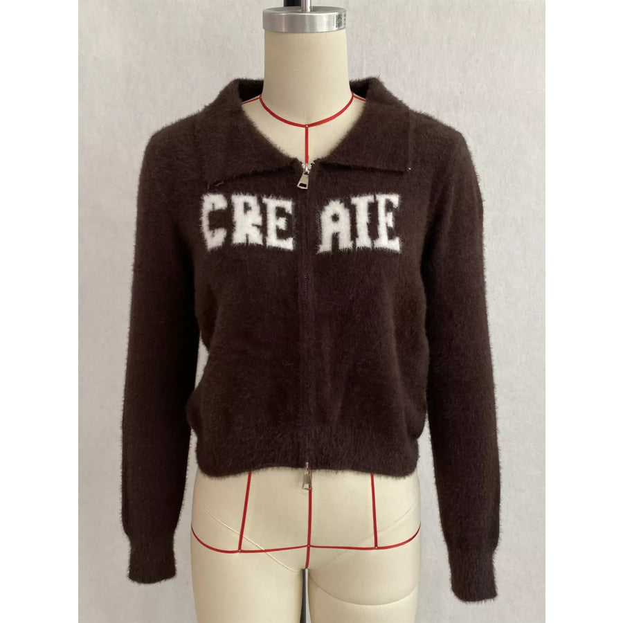 Fuzzy Letter Zip-Up Cardigan Apparel and Accessories