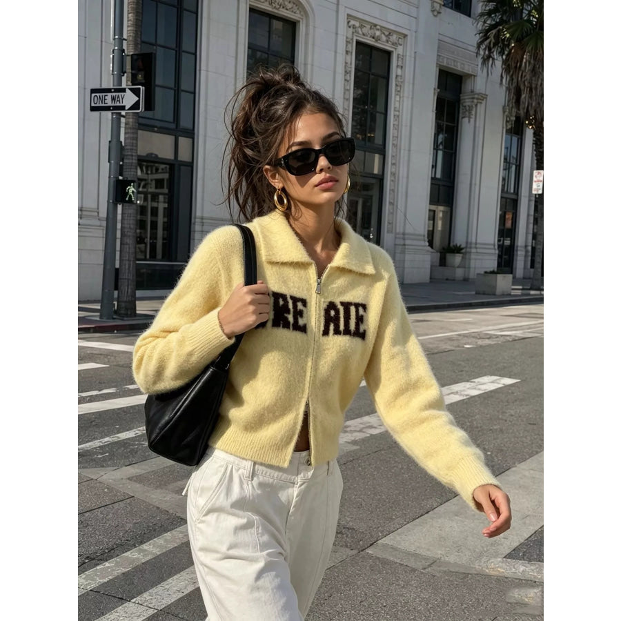 Fuzzy Letter Zip-Up Cardigan Apparel and Accessories