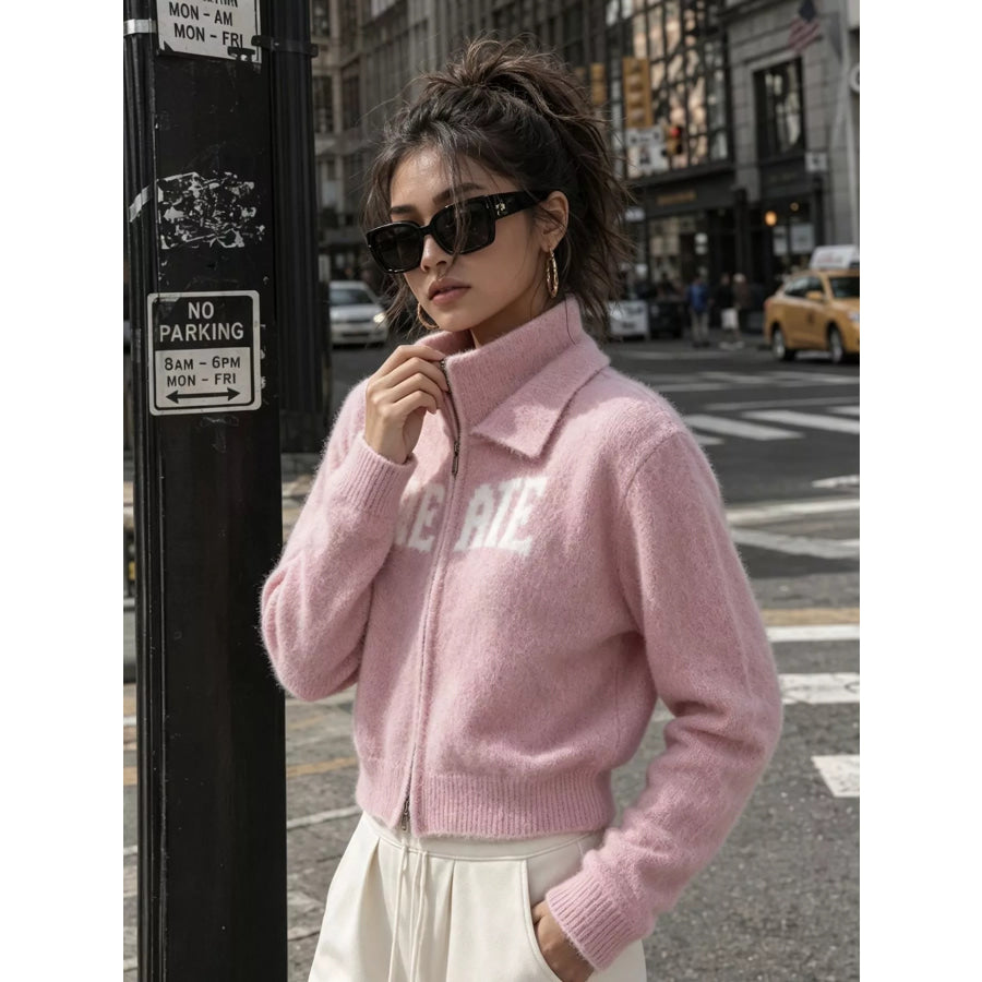 Fuzzy Letter Zip-Up Cardigan Apparel and Accessories