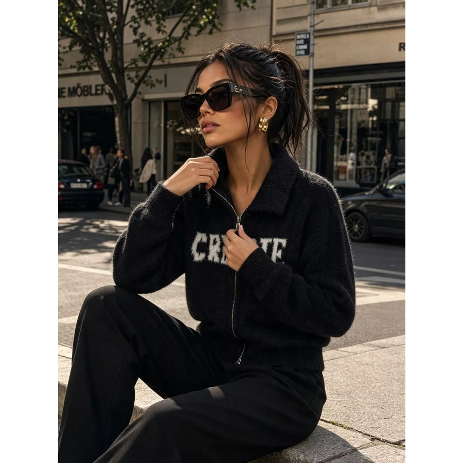 Fuzzy Letter Zip-Up Cardigan Apparel and Accessories