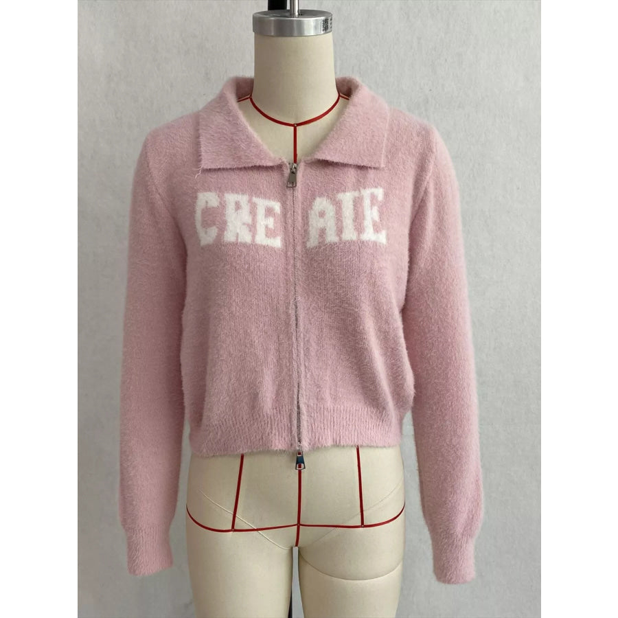Fuzzy Letter Zip-Up Cardigan Apparel and Accessories