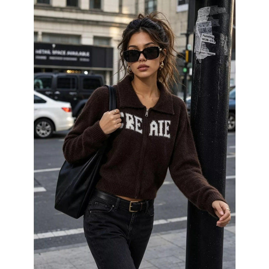 Fuzzy Letter Zip-Up Cardigan Apparel and Accessories