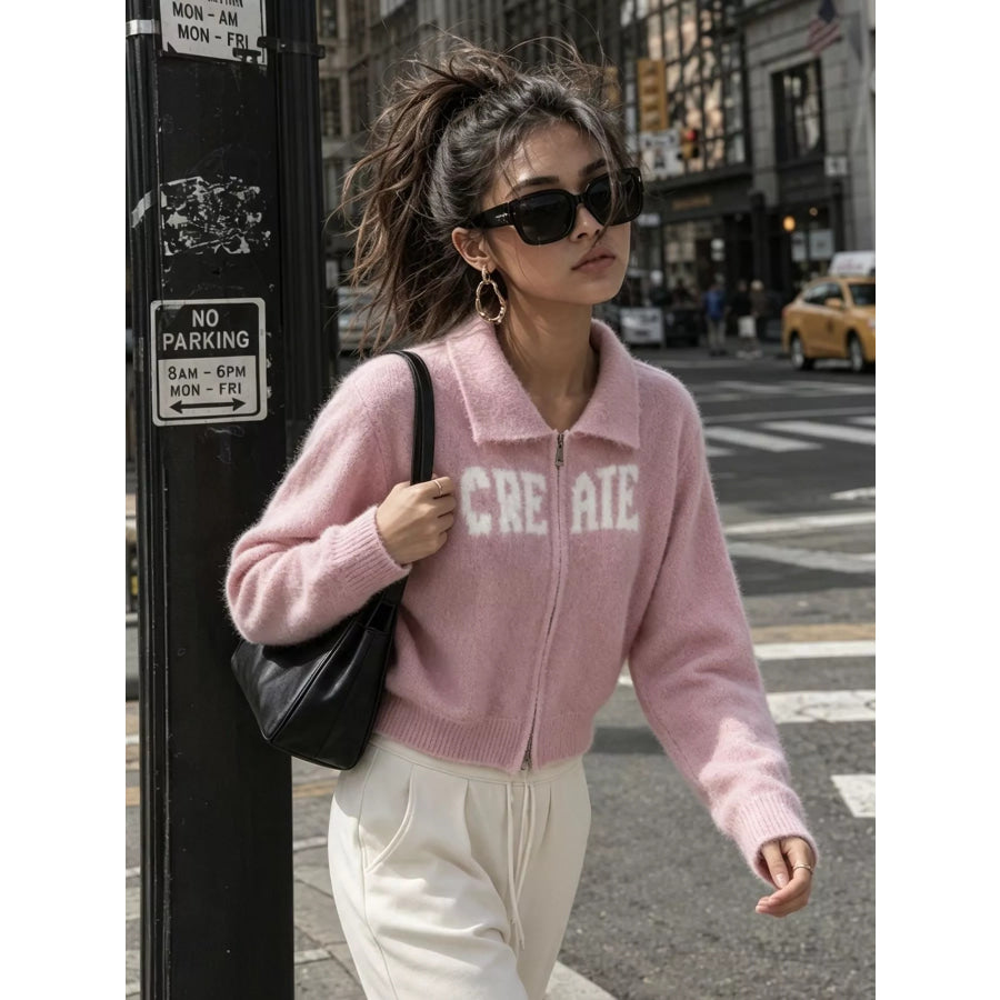 Fuzzy Letter Zip-Up Cardigan Apparel and Accessories
