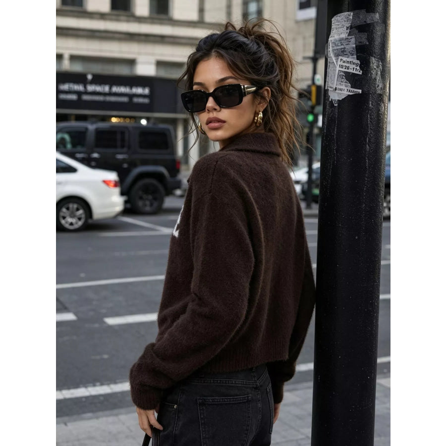Fuzzy Letter Zip-Up Cardigan Apparel and Accessories