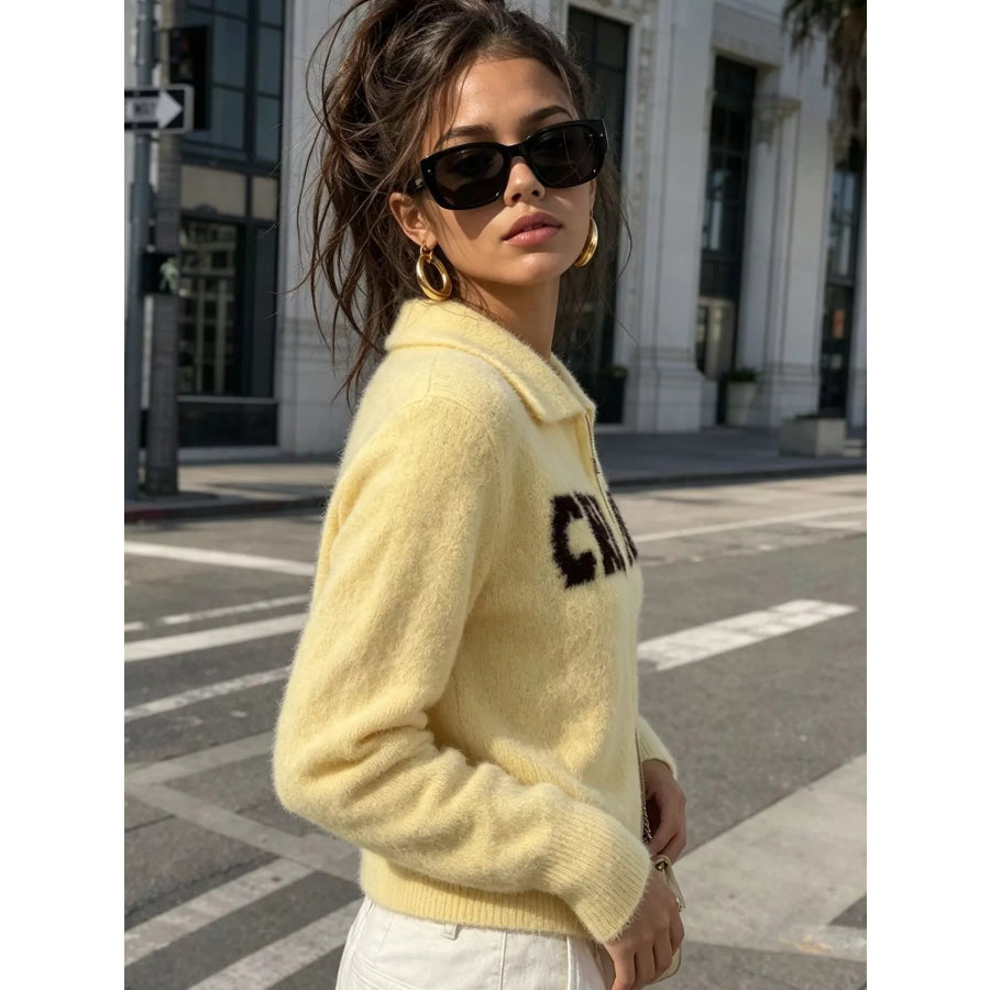 Fuzzy Letter Zip-Up Cardigan Apparel and Accessories