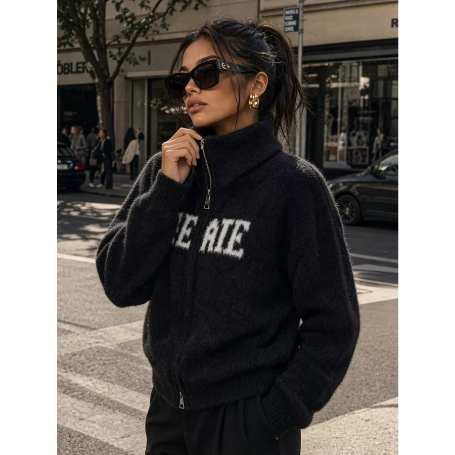 Fuzzy Letter Zip-Up Cardigan Apparel and Accessories