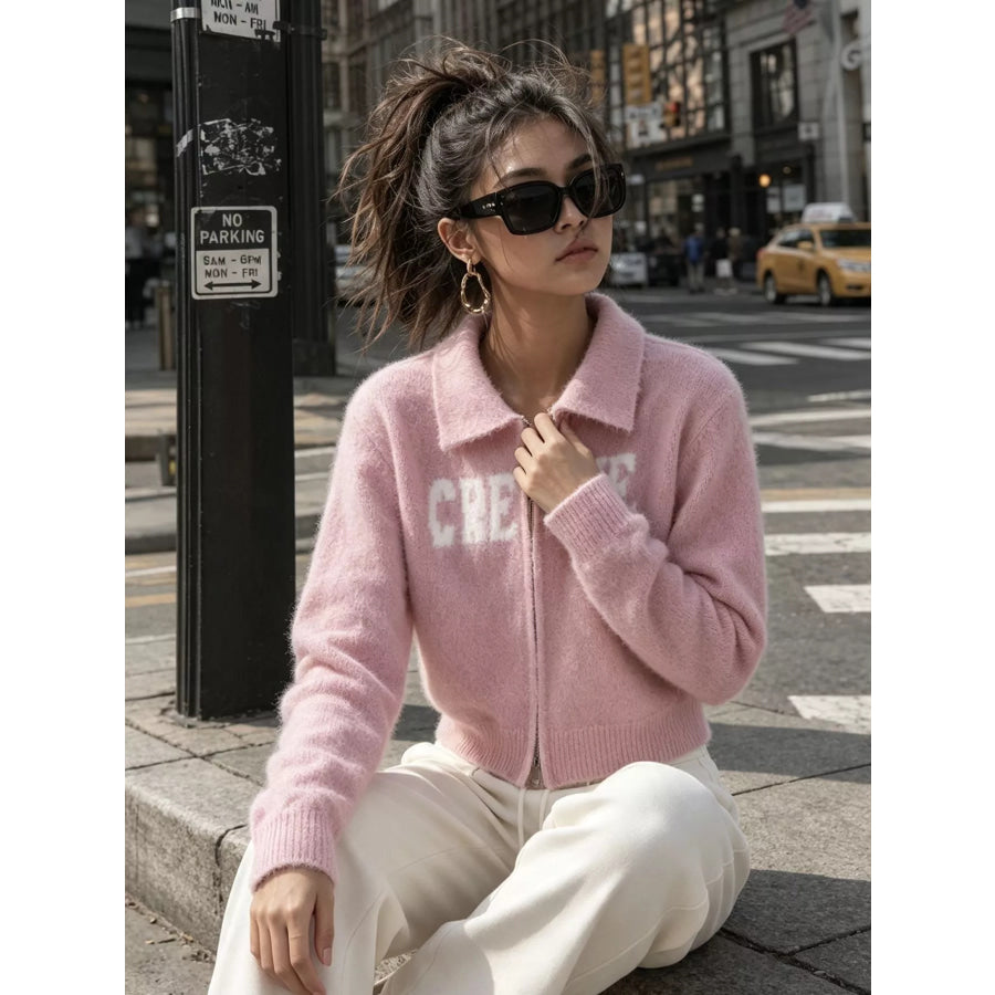 Fuzzy Letter Zip-Up Cardigan Apparel and Accessories