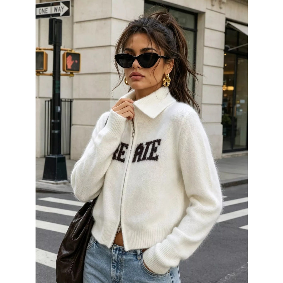 Fuzzy Letter Zip-Up Cardigan Apparel and Accessories