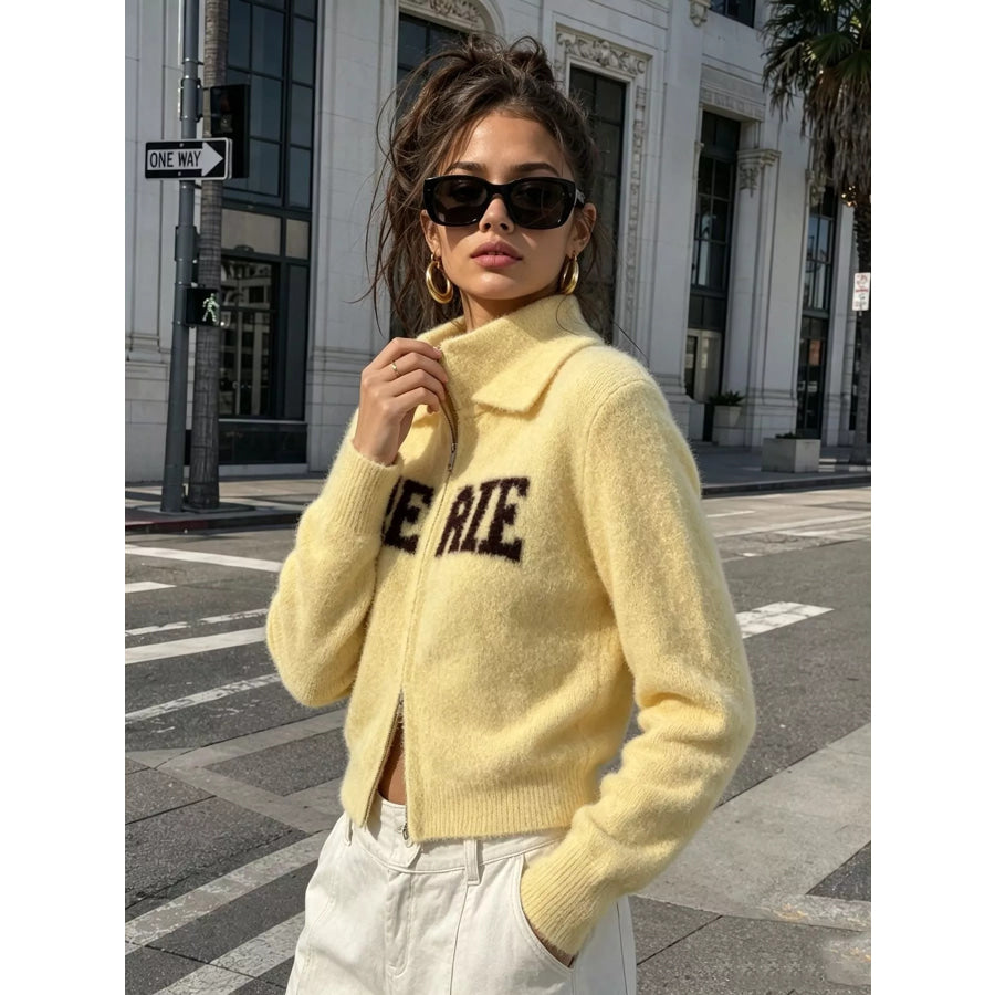 Fuzzy Letter Zip-Up Cardigan Apparel and Accessories