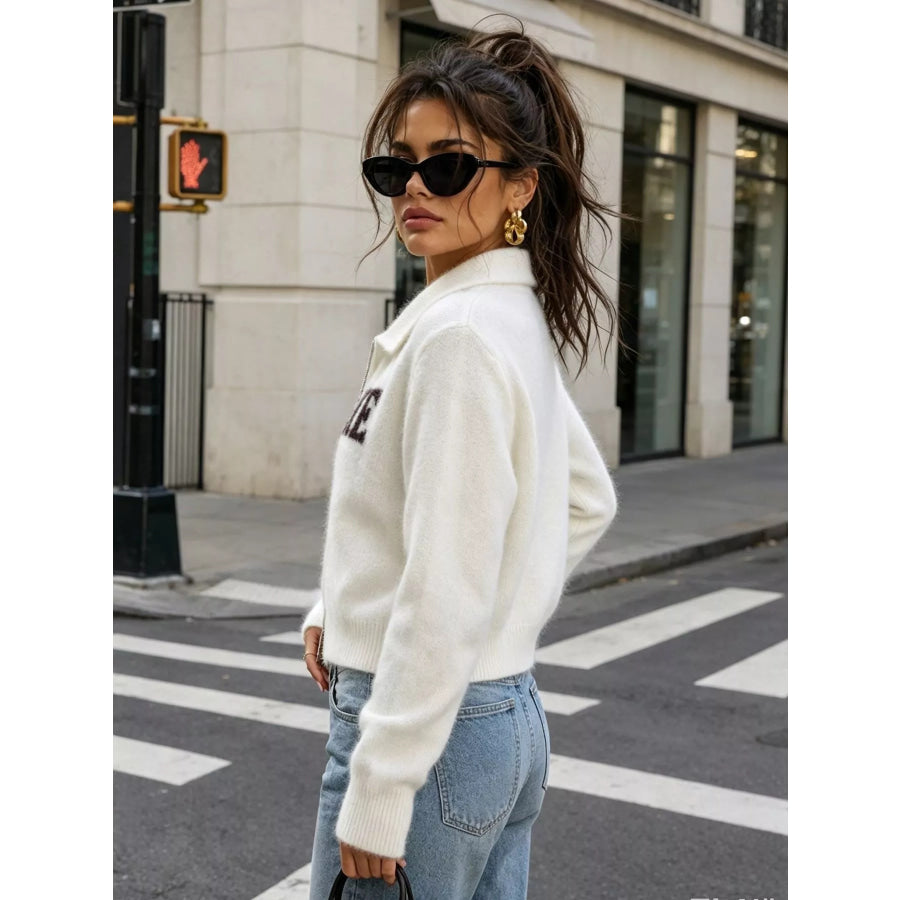 Fuzzy Letter Zip-Up Cardigan Apparel and Accessories