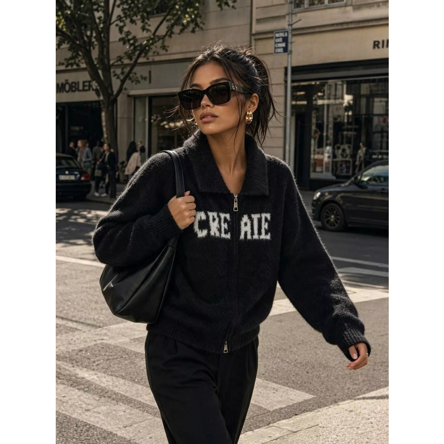 Fuzzy Letter Zip-Up Cardigan Apparel and Accessories