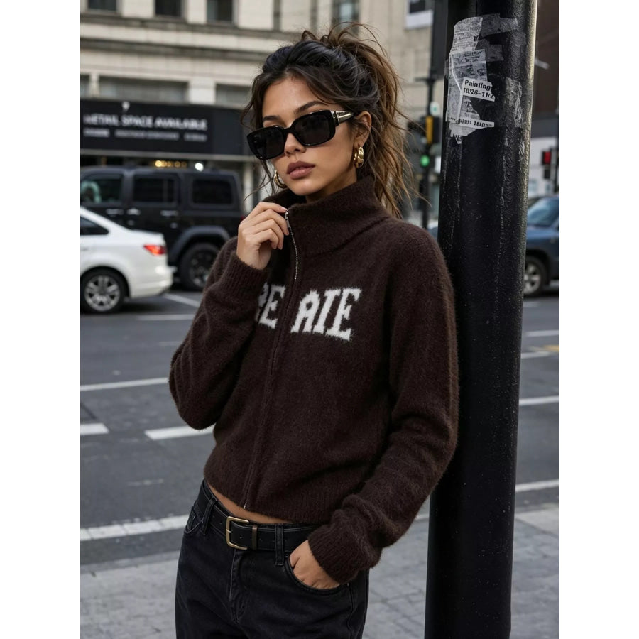 Fuzzy Letter Zip-Up Cardigan Apparel and Accessories