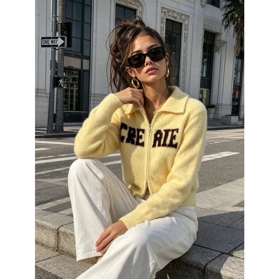 Fuzzy Letter Zip-Up Cardigan Apparel and Accessories