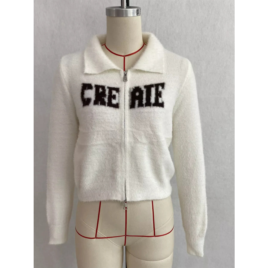 Fuzzy Letter Zip-Up Cardigan Apparel and Accessories
