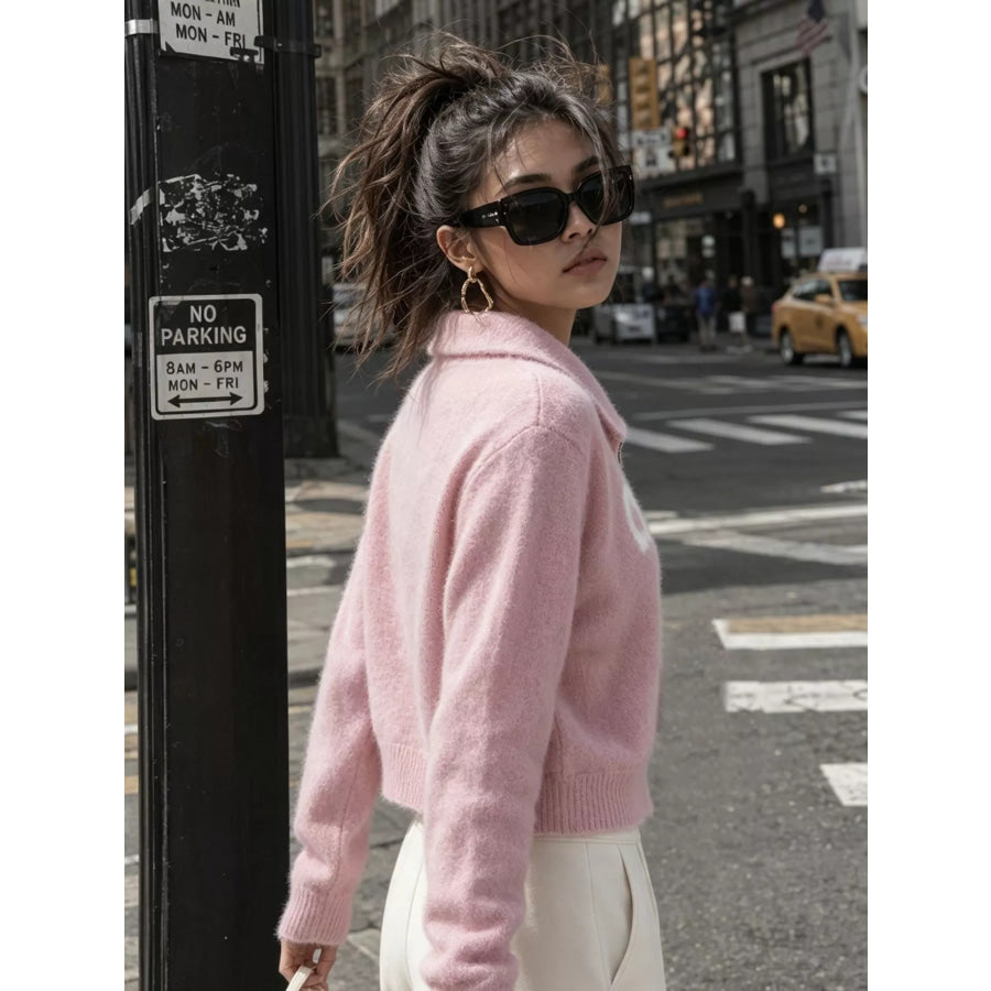Fuzzy Letter Zip-Up Cardigan Apparel and Accessories