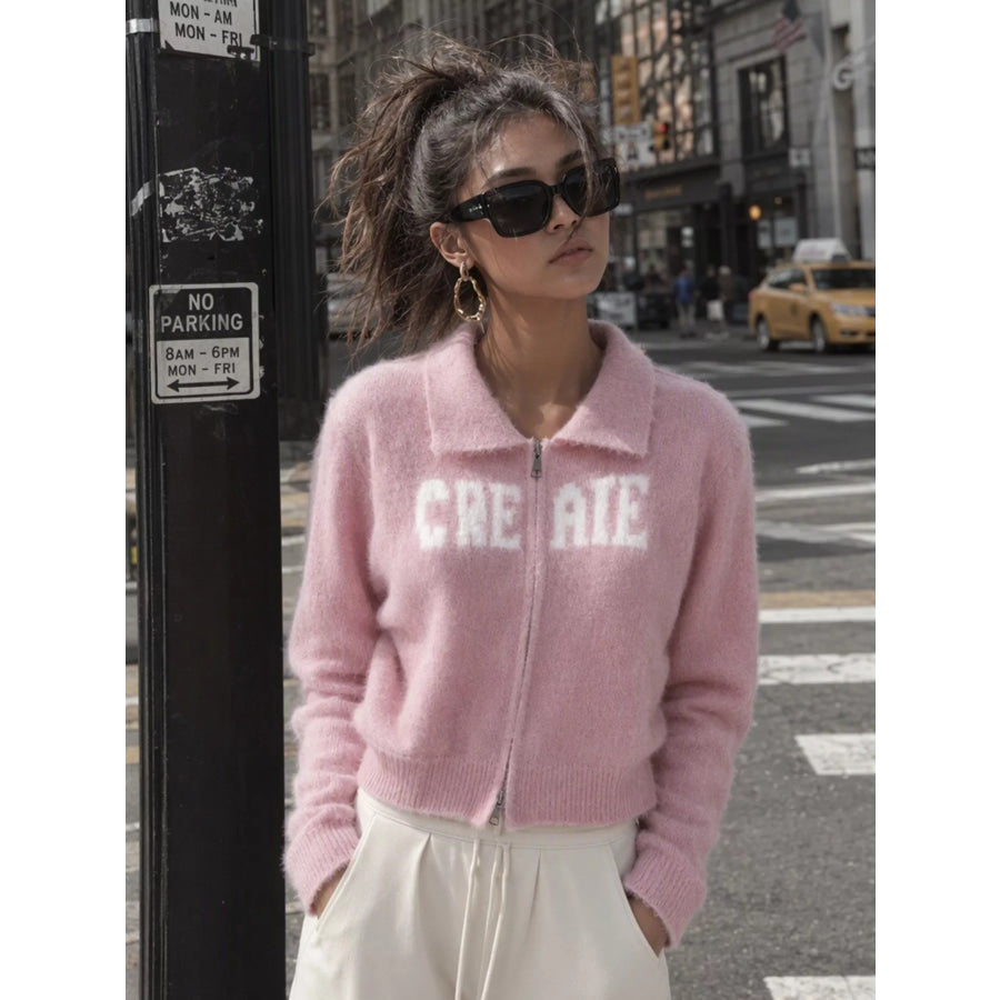 Fuzzy Letter Zip-Up Cardigan Pink / One Size Apparel and Accessories