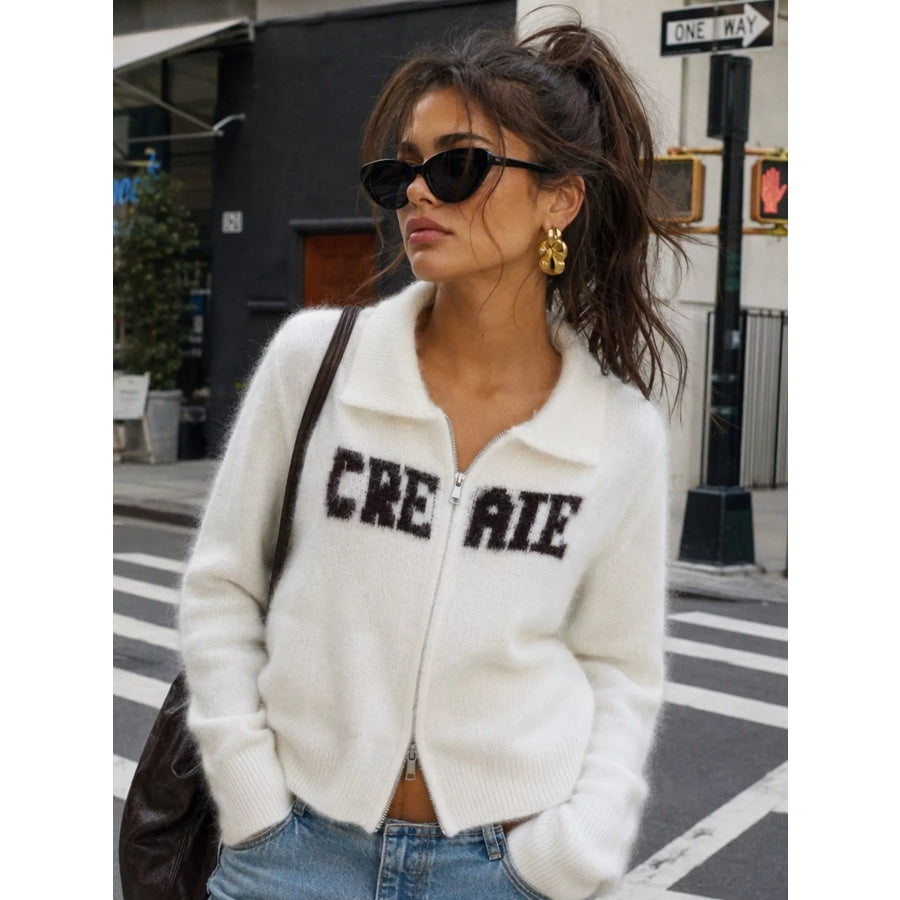 Fuzzy Letter Zip-Up Cardigan White / One Size Apparel and Accessories