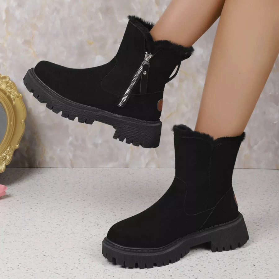Fuzzy Lined Ankle Boots with Zipper Apparel and Accessories