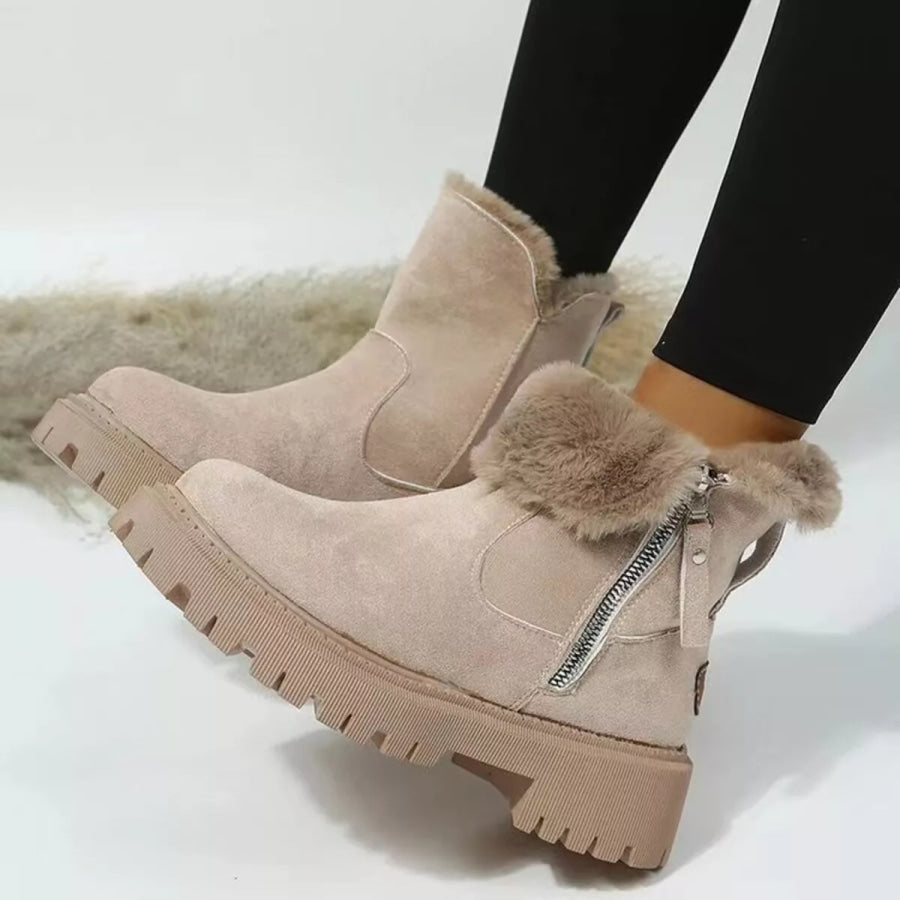 Fuzzy Lined Ankle Boots with Zipper Khaki / 35 Apparel and Accessories