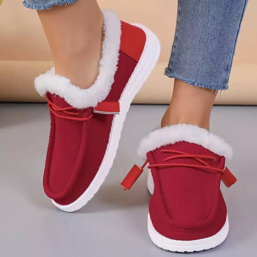 Fuzzy Lined Corduroy Slip-Ons Red / 36 Apparel and Accessories
