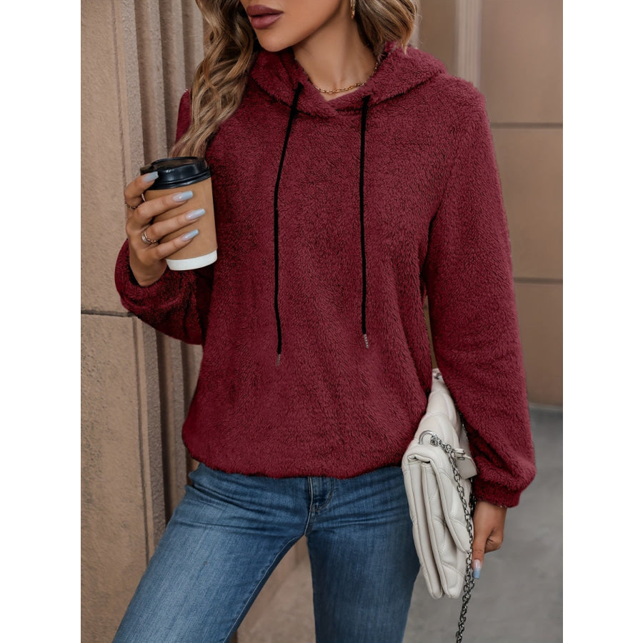 Fuzzy Long Sleeve Hoodie Burgundy / S Apparel and Accessories