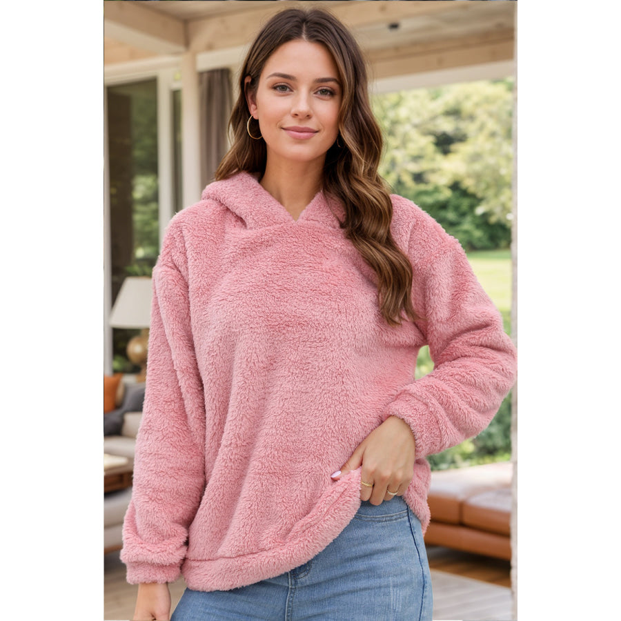 Fuzzy Long Sleeve Hoodie with Ears Blush Pink / S Apparel and Accessories