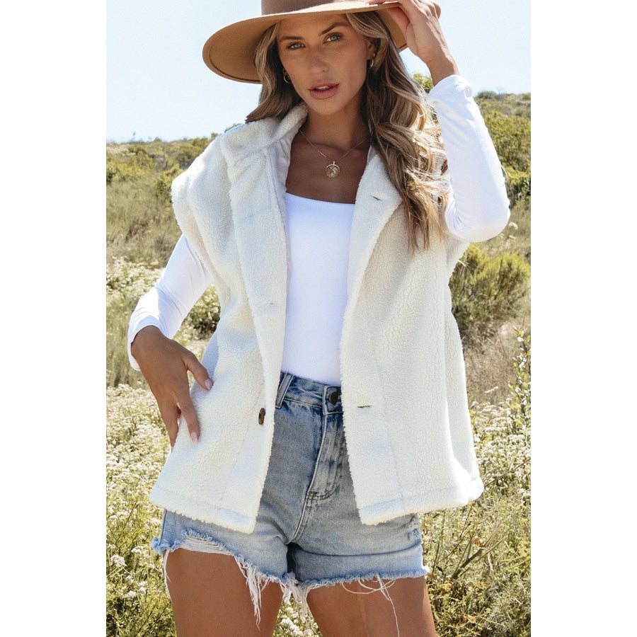 Fuzzy Mock Neck Button Up Vest Coat White / S Apparel and Accessories