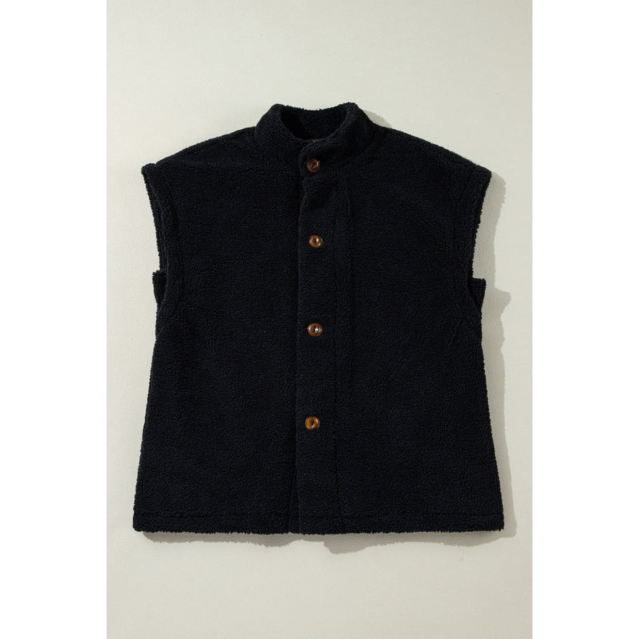 Fuzzy Mock Neck Button Up Vest Coat Black / S Apparel and Accessories