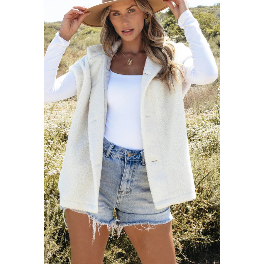 Fuzzy Mock Neck Button Up Vest Coat White / S Apparel and Accessories