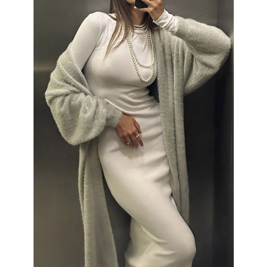 Fuzzy Open Front Solid Color Cardigan Apparel and Accessories