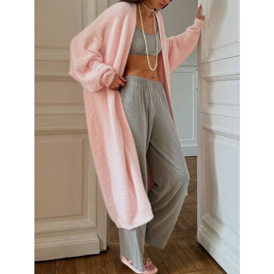 Fuzzy Open Front Solid Color Cardigan Apparel and Accessories