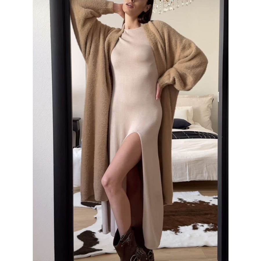 Fuzzy Open Front Solid Color Cardigan Tan / One Size Apparel and Accessories