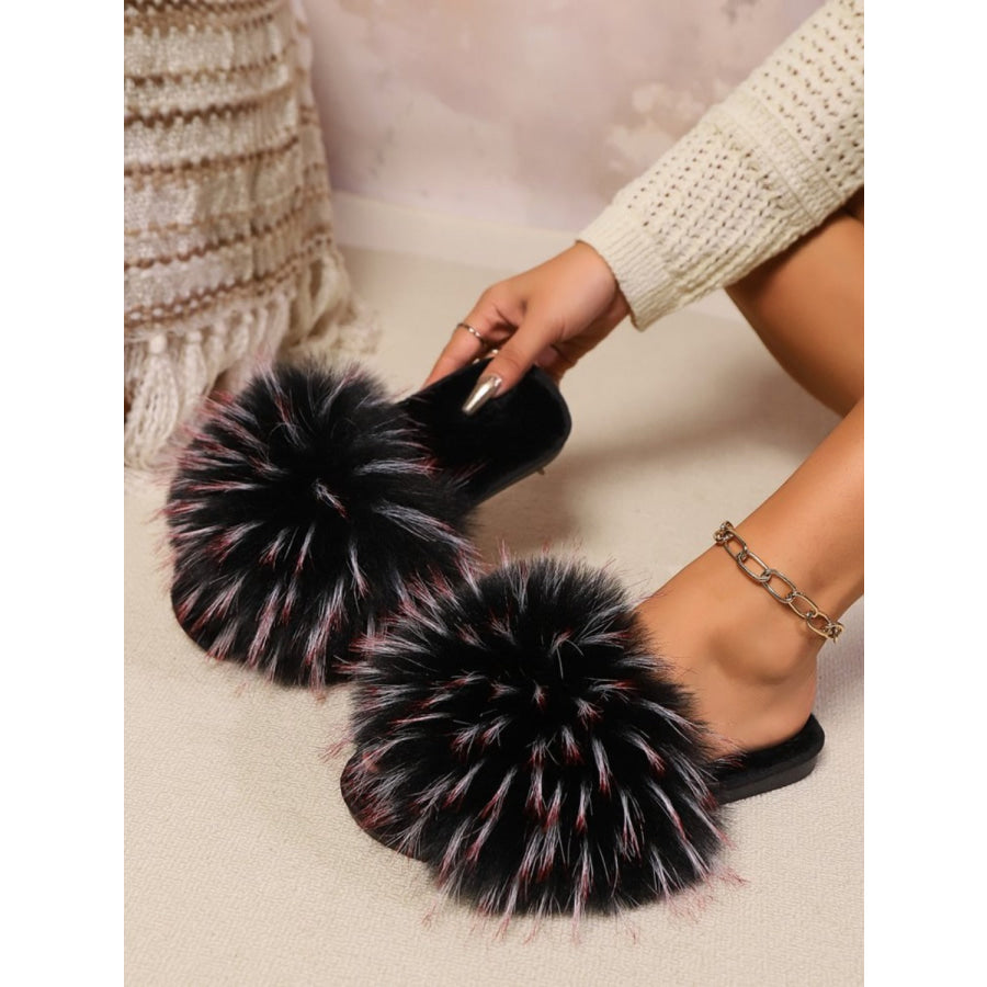 Fuzzy Open Toe Flat Sandals Black/Red / 36(US5) Apparel and Accessories