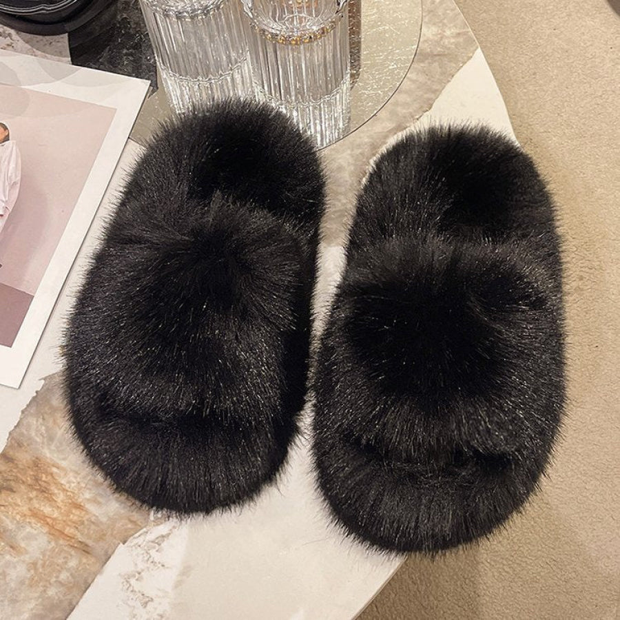 Fuzzy Open Toe Platform Slippers Black / 35(US4) Apparel and Accessories