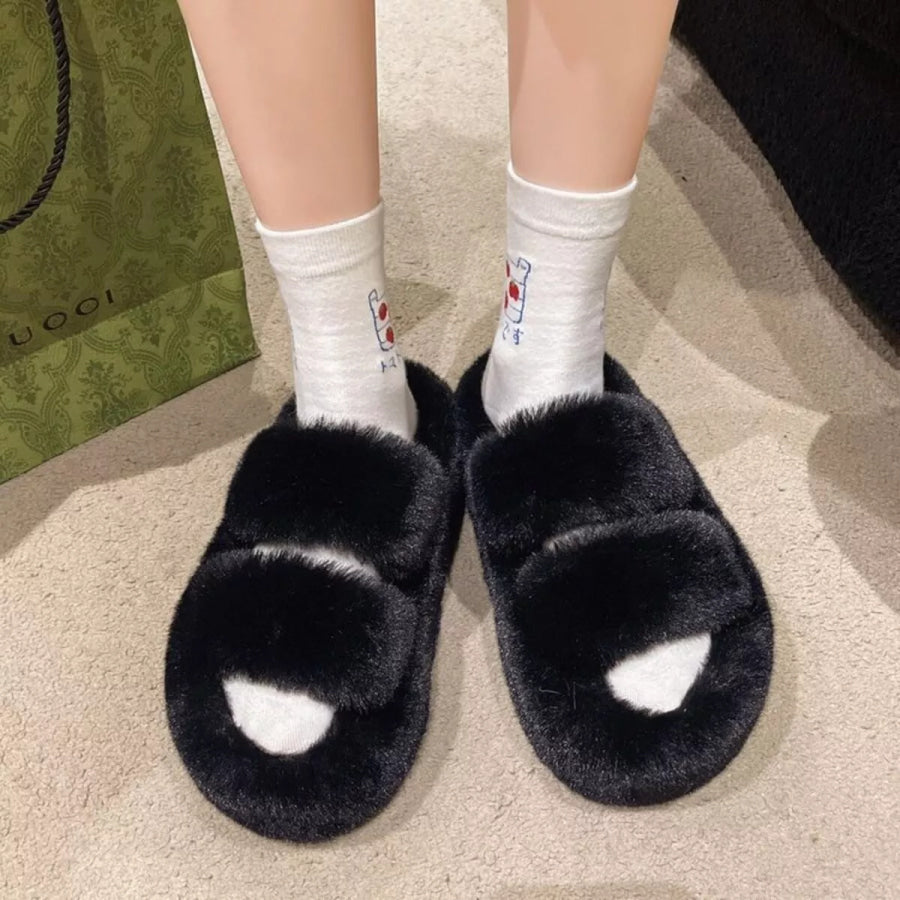 Fuzzy Open Toe Slippers Black / 35 Apparel and Accessories