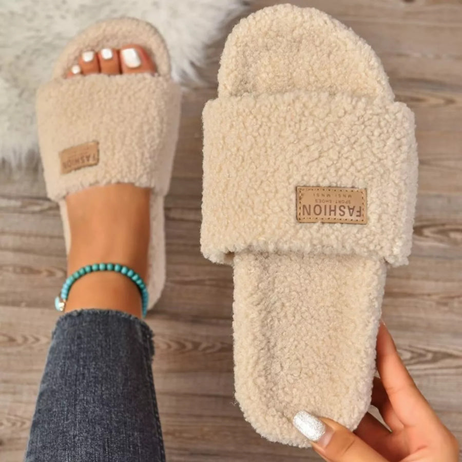 Fuzzy Open Toe Slippers Khaki / 36 Apparel and Accessories
