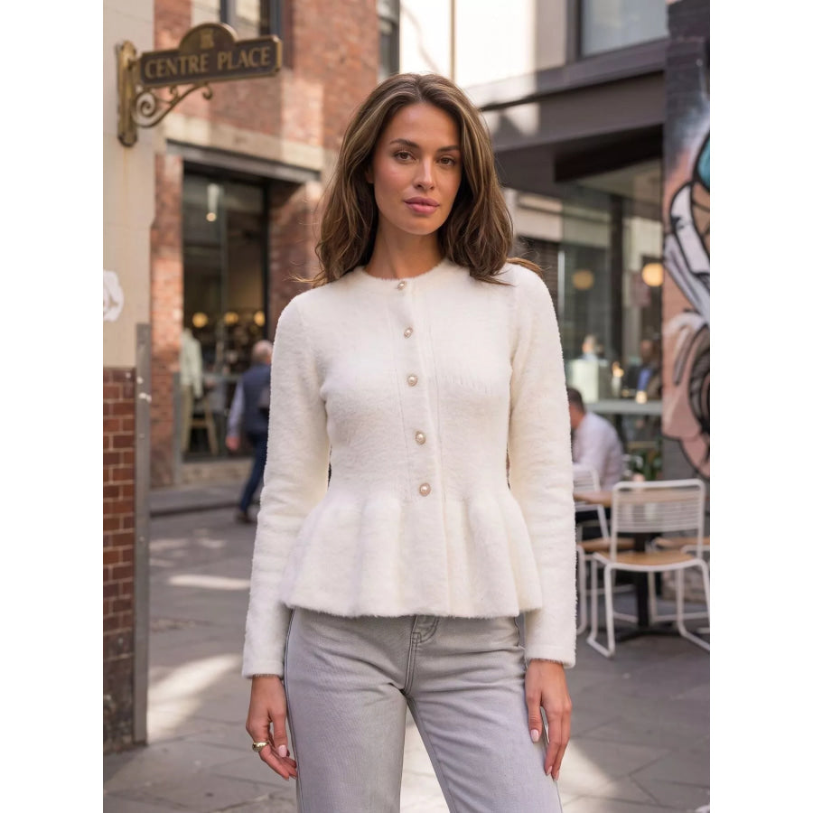 Fuzzy Peplum Cardigan with Pearl Buttons Apparel and Accessories